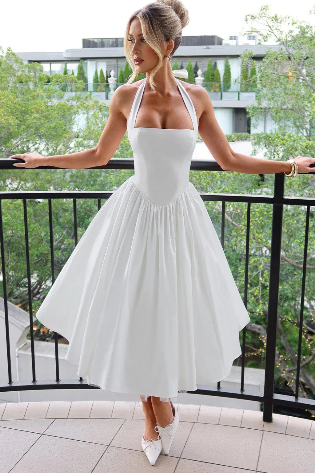 Danielle | Women's Halter Neck Corset Wedding Guest Midi Dress with Tie Back - L / White - Women's Fashion